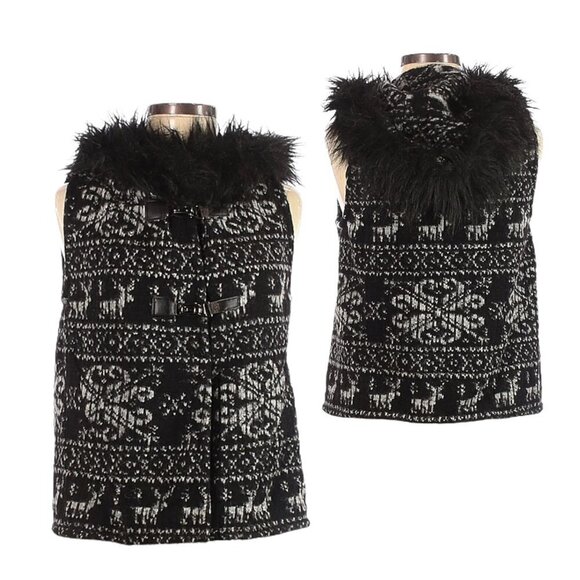 Zara Fair Isle Deer Faux Fur Hooded Wool Vest Size M - Picture 1 of 12